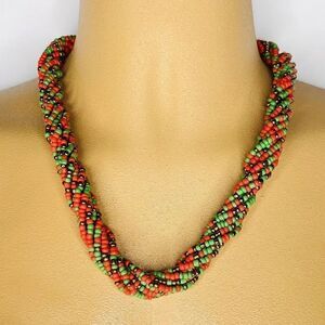 Vintage Necklace Mixed Beads Green Red Bronze Multi Strand Beaded Colorful 4760
